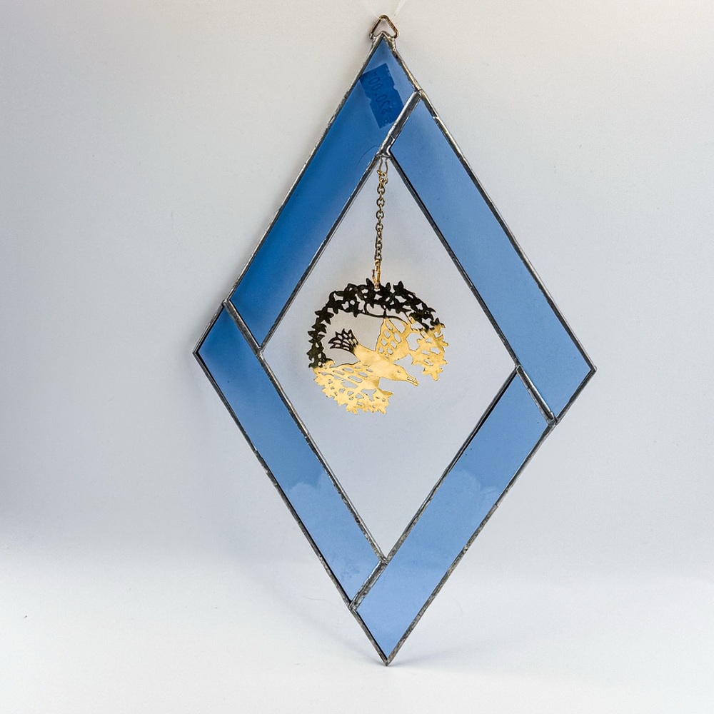 Vintage Blue Stained Glass Diamond with Gold Bird Sun Catcher